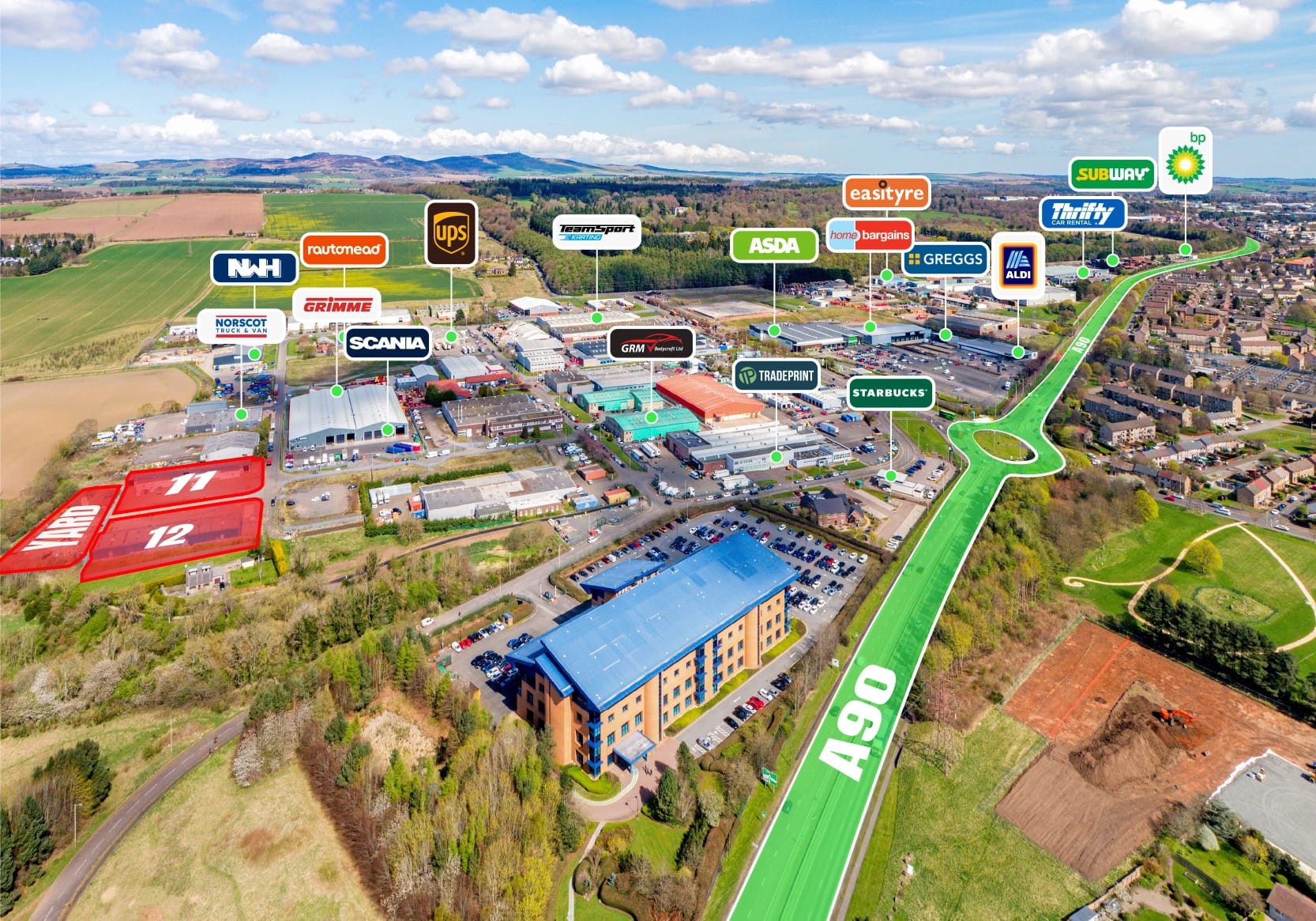 Aerial view of Wester Gourdie Industrial Estate in Dundee showing surrounding occupiers and Blocks 11 and 12 highlighted